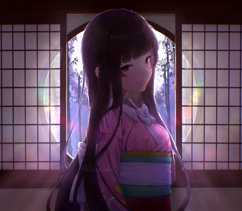 bamboo bamboo_forest black_hair blunt_bangs blush bow bowtie brown_eyes closed_mouth collarbone collared_dress commentary dress english_commentary female forest from_side full_moon highres hime_cut houraisan_kaguya indoors japanese_clothes kimono kureihii lace-trimmed_collar lace_trim long_hair long_sleeves looking_at_viewer moon nature night night_sky obi red_skirt sash sidelocks skirt sky sliding_doors smile solo touhou twitter_username very_long_hair white_bow white_bowtie wing_collar