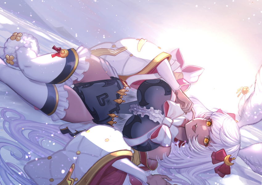 animal_ears black_leotard breasts cameltoe dark-skinned_female dark_skin dutch_angle erune female frilled_thighhighs frills granblue_fantasy hair_spread_out highres large_breasts leotard long_hair lying makura_(granblue_fantasy) on_side open_mouth orange_eyes rabbit_ears rabbit_girl smile solo takanishi_takashi thighhighs very_long_hair white_hair white_thighhighs wide_hips wide_sleeves yellow_eyes