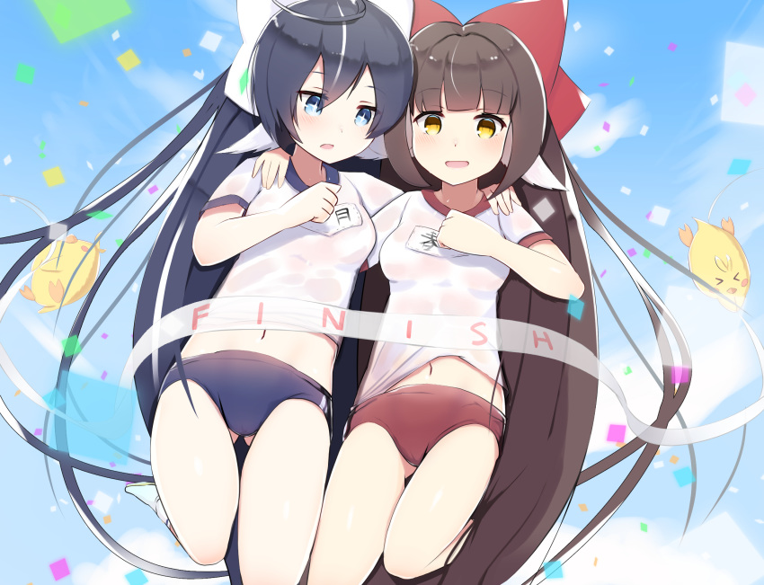 2girls ahoge animal_ears arm_around_shoulder ass_visible_through_thighs azur_lane black_hair blue_buruma blue_eyes breasts brown_eyes brown_hair buruma cloud confetti day finish_line fuki_to_takenoko harutsuki_(azur_lane) highres legs long_hair midriff multiple_girls navel official_alternate_costume open_mouth outdoors ponytail red_buruma ribbon running shirt short_sleeves sky small_breasts smile thighs three-legged_race very_long_hair white_shirt yoizuki_(azur_lane) yoizuki_(sports_festival_preparations)_(azur_lane)