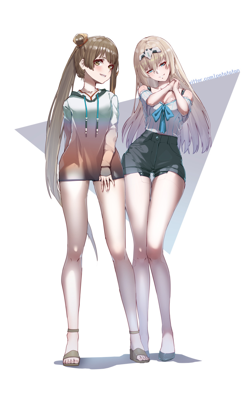 2girls absurdres android asymmetrical_hair bare_shoulders blonde_hair blue_eyes blush breasts brown_hair collarbone di_allez_series grin hair_bun highres hood hoodie joints long_hair looking_at_viewer medium_breasts multiple_girls open_mouth patatatan phantasy_star phantasy_star_online_2 phantasy_star_online_2_new_genesis robot_joints shorts side_ponytail single_hair_bun smile thighs toes very_long_hair wide_hips