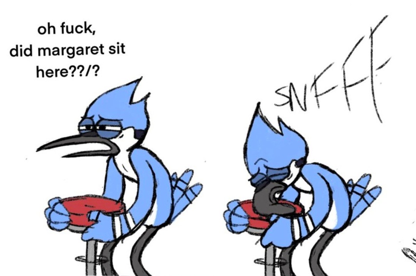 2020 anthro avian beak bird blue_jay cartoon_network corvid dialogue digital_drawing_(artwork) digital_media_(artwork) english_text feathers flat_colors happyroadkill humor jay_(bird) male mordecai_(regular_show) new_world_jay oh_fuck_did_x_sit_here? oscine passerine profanity regular_show simp simple_background sniffing sniffing_seat solo tail tail_feathers text white_background