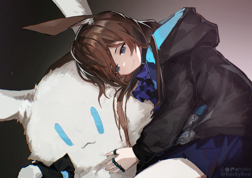 absurdres amiya_(arknights) animal_ear_fluff animal_ears arknights artist_name ascot black_coat blue_eyes blue_skirt brown_background brown_hair choshanland_plushy_(arknights) closed_mouth coat female from_side gradient_background highres hood hood_down hooded_coat hugging_object jewelry long_hair long_sleeves looking_away looking_down miniskirt multiple_rings purple_ascot rabbit_ears ring rockyroo skirt smile solo stuffed_animal stuffed_rabbit stuffed_toy swept_bangs