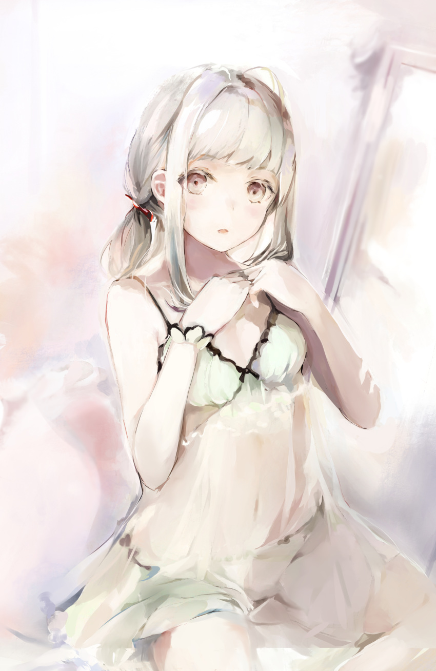 absurdres ahoge bare_arms bare_shoulders brown_eyes commentary_request dress female grey_hair hanagin hands_up highres long_hair looking_at_viewer low_twintails navel original panties parted_lips sidelocks sleeveless sleeveless_dress solo twintails underwear white_dress white_panties