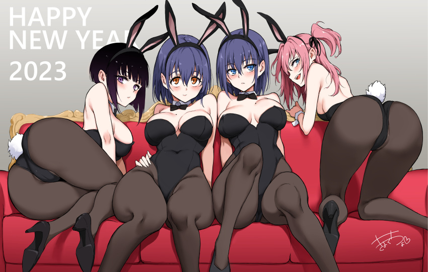 2023 4girls absurdres animal_ears bare_shoulders black_leotard blue_eyes blush bow bowtie breasts cameltoe chinese_zodiac collarbone comic_bavel commentary_request detached_collar endou_aina fake_animal_ears fake_tail happy_new_year high_heels highres hoshizuki_kaede hoshizuki_suzu kaede_to_suzu kyokucho large_breasts leotard long_hair looking_at_viewer lovely_aina-chan medium_breasts miyabi-senpai mole multiple_girls new_year open_mouth pantyhose partial_commentary pink_hair playboy_bunny purple_eyes rabbit_ears rabbit_tail short_hair siblings signature sisters smile strapless strapless_leotard tail twins wrist_cuffs year_of_the_rabbit