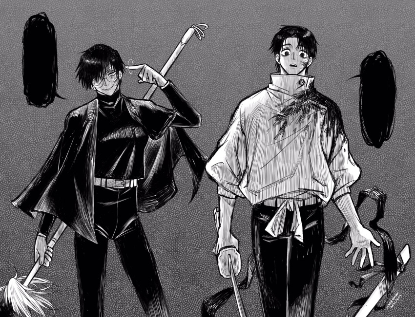 1boy arm_up bandage_over_one_eye belt blank_speech_bubble blood blood_on_clothes blood_on_face burn_scar capelet closed_mouth cowboy_shot female greyscale high-waist_pants high_collar highres holding holding_polearm holding_sword holding_weapon jacket jujutsu_kaisen katana long_sleeves looking_at_viewer maga_(comicfans100) monochrome okkotsu_yuuta pants pointing pointing_at_self polearm scabbard scar sheath short_hair smile speech_bubble spoilers standing sword weapon zen'in_maki