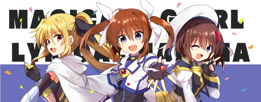 3girls ahoge bardiche_(nanoha) bardiche_(standby_form)_(nanoha) beret blonde_hair blue_eyes brown_hair cape commentary copyright_name fate_testarossa fate_testarossa_(blaze_form_ii) fingerless_gloves gloves hair_ornament hat highres juliet_sleeves long_sleeves lyrical_nanoha mahou_shoujo_lyrical_nanoha_reflection multiple_girls one_eye_closed puffy_sleeves raising_heart raising_heart_(standby_mode) red_eyes takamachi_nanoha v x_hair_ornament yagami_hayate yuukome_(tekunon)