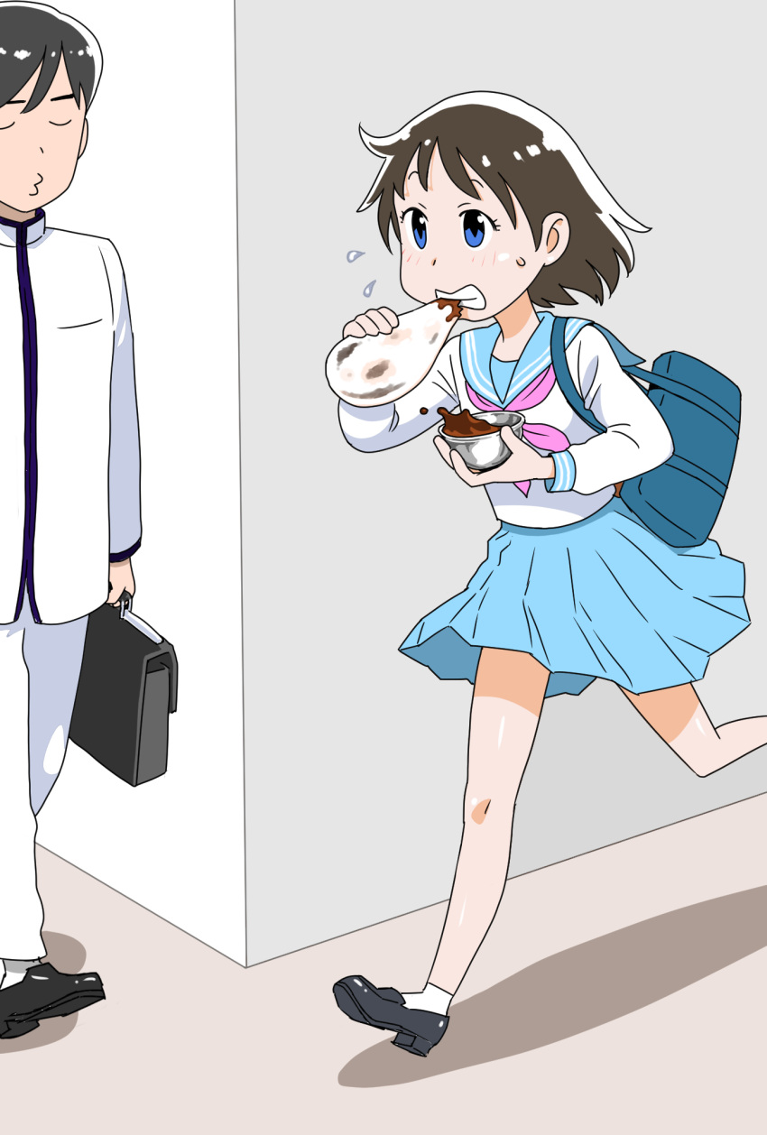 1boy bag black_hair closed_eyes commentary corner curry eating female flying_sweatdrops food gakuran highres holding late_for_school medium_hair naan_bread original running school_bag school_uniform serafuku short_hair tatsuro_karma