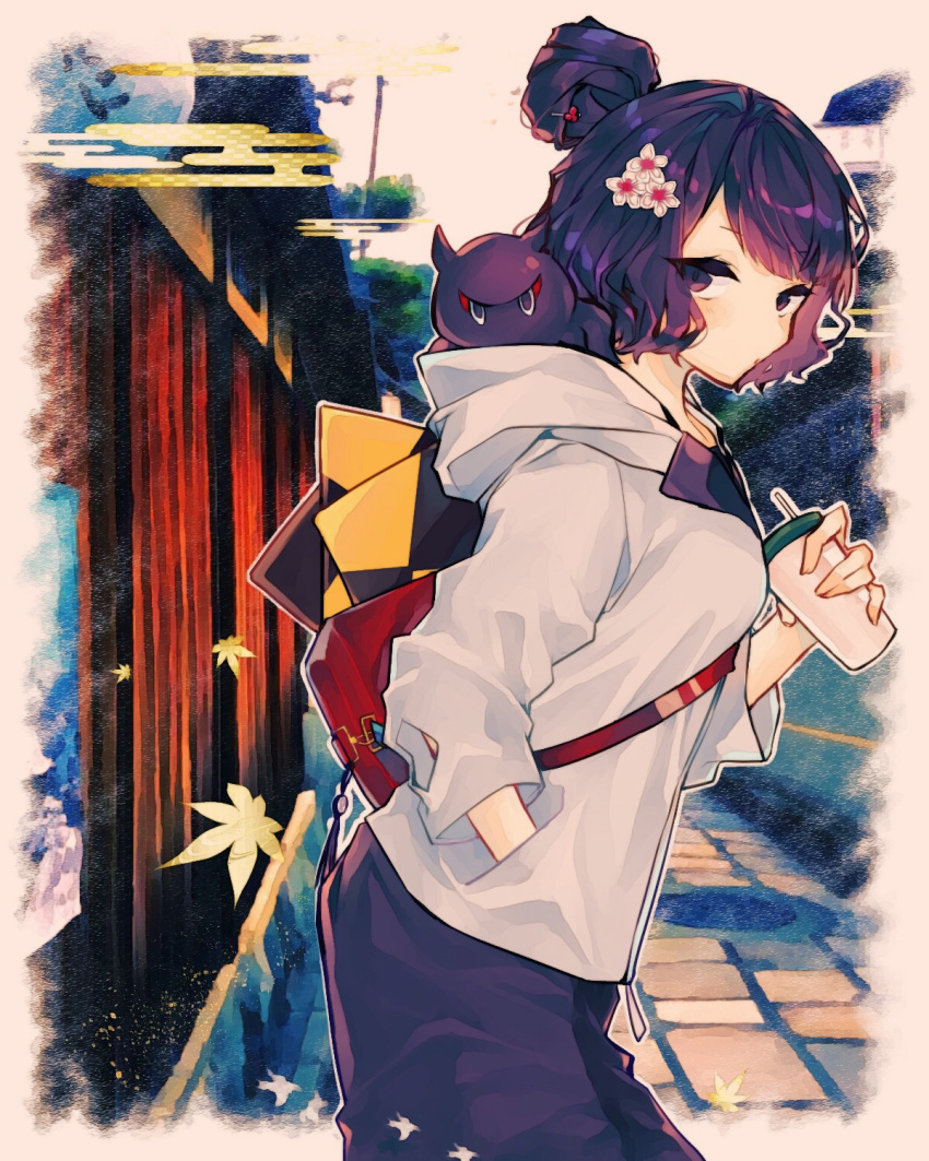 bag black_shirt casual commentary_request contemporary cup egasumi fate/grand_order fate_(series) female flower from_side hair_bun hair_flower hair_ornament hairclip hand_in_pocket highres holding holding_cup hood hoodie katsushika_hokusai_(fate) katsushika_hokusai_(traveling_outfit)_(fate) leaf leaning_forward looking_at_viewer official_alternate_costume outdoors purple_eyes purple_hair purple_skirt shimotsuki_(gomibako) shirt short_hair single_hair_bun sketchbook skirt solo standing tokitarou_(fate) tree white_hoodie