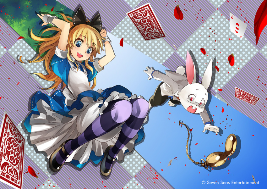 1boy alice_(alice_in_wonderland) alice_in_wonderland apron black_bow black_footwear blonde_hair bloomers blue_dress blue_hair bow buck_teeth commentary dress english_commentary female full_body hairbow kriss_sison long_hair midair pantyhose pocket_watch purple_pantyhose red_eyes second-party_source shoes teeth underwear watch white_apron white_bloomers white_rabbit_(alice_in_wonderland) wrist_cuffs