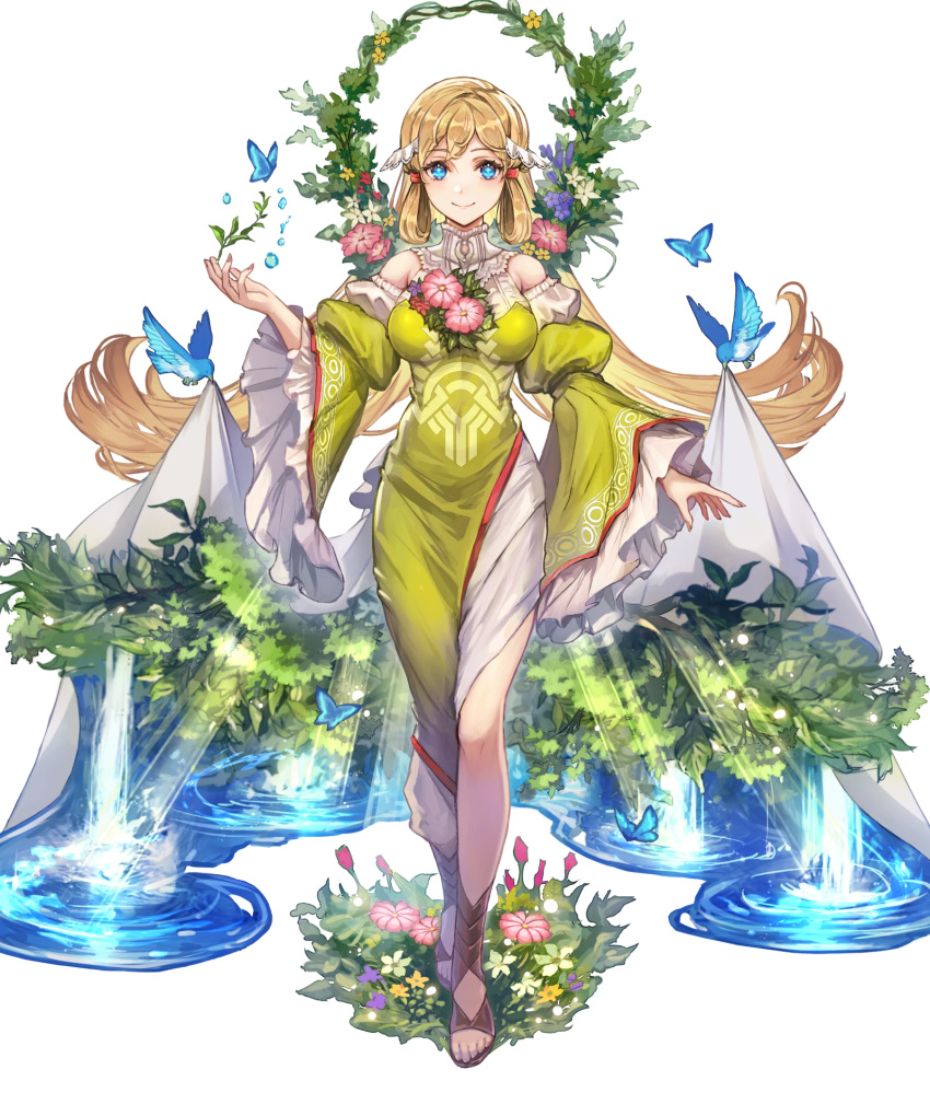 animal bird blonde_hair blue_eyes breasts bug butterfly closed_mouth dress female fire_emblem fire_emblem_heroes flower full_body grass green_dress hair_ornament highres long_hair looking_at_viewer medium_breasts nijihayashi non-web_source official_art puffy_sleeves smile solo standing toeless_footwear toes transparent_background turtleneck water water_drop wide_sleeves ymir_(fire_emblem_heroes)