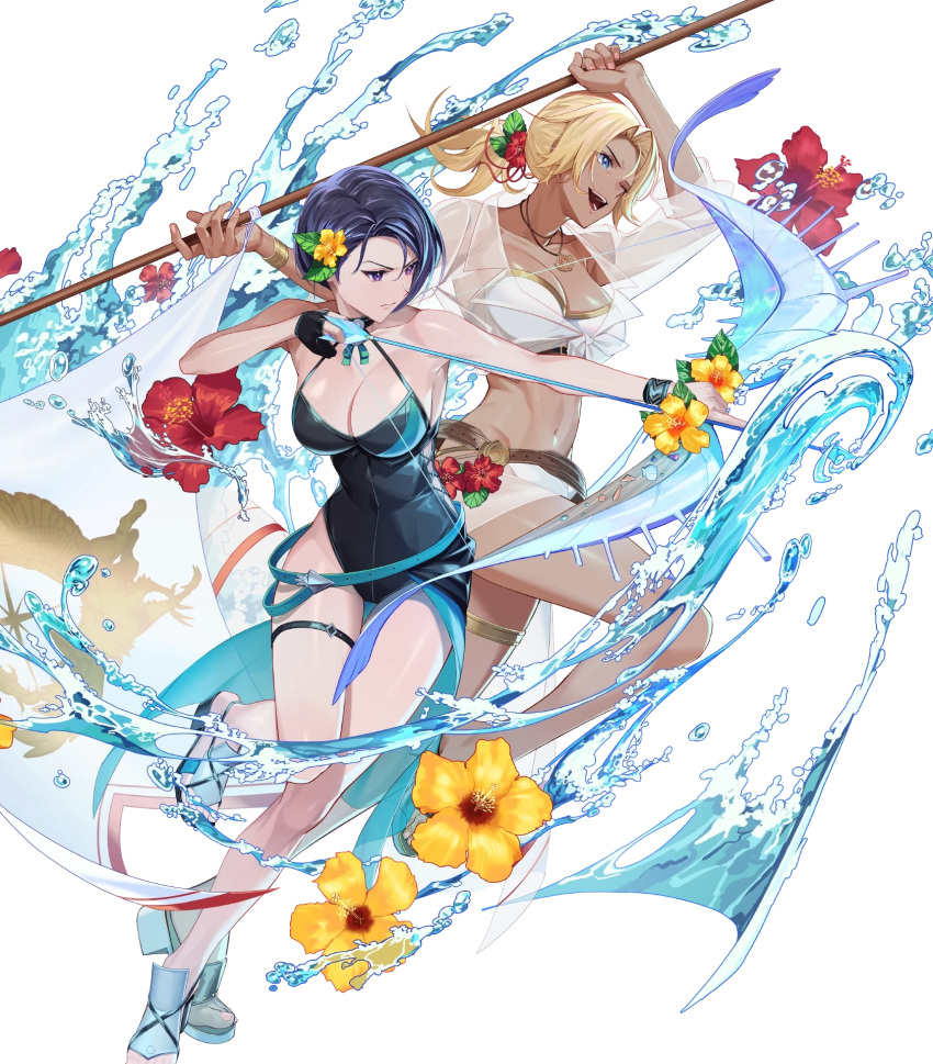 2girls arrow_(projectile) bare_shoulders belt bikini black_hair blonde_hair blue_eyes bow_(weapon) breasts casual_one-piece_swimsuit catherine_(fire_emblem) catherine_(summer)_(fire_emblem) cleavage closed_mouth dark-skinned_female dark_skin feet fingerless_gloves fingernails fire_emblem fire_emblem:_three_houses fire_emblem_heroes flag flower full_body gloves hair_flower hair_ornament hibiscus highres holding holding_weapon kainown large_breasts leg_up legs low_ponytail medium_breasts medium_hair multiple_girls navel non-web_source official_art one-piece_swimsuit open_mouth polearm purple_eyes sandals see-through shamir_nevrand shamir_nevrand_(summer) shiny_skin short_hair single_glove stomach swimsuit teeth thigh_strap thighs toeless_footwear toenails toes transparent_background water water_drop weapon wristband