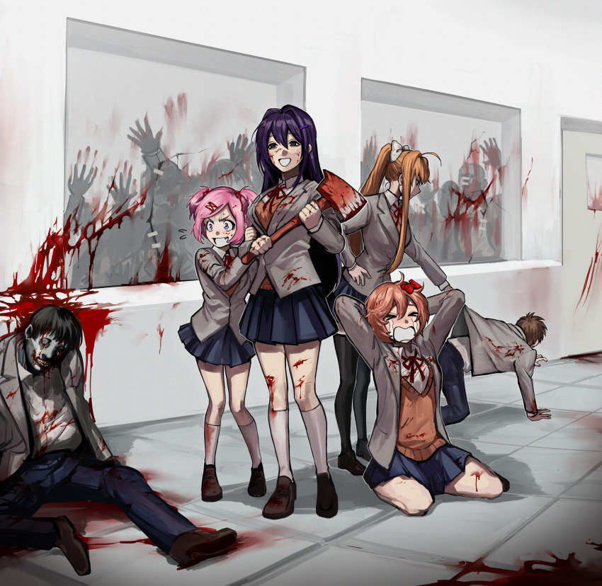 >_< 2boys 4girls absurdres all_fours alternate_universe apocalypse axe blank_eyes blood blood_on_clothes blue_pants blue_skirt breasts brown_footwear collared_shirt colored_skin commentary corpse crying death doki_doki_literature_club english_commentary green_skin grey_jacket hair_intakes highres holding holding_axe jacket long_hair ma2_ereki medium_breasts monika_(doki_doki_literature_club) multiple_boys multiple_girls natsuki_(doki_doki_literature_club) neck_ribbon oerba_yun_fang open_mouth pants parted_lips pink_hair ponytail protagonist_(doki_doki_literature_club) red_ribbon ribbon sayori_(doki_doki_literature_club) scared school_uniform shirt shoes short_hair sidelocks skirt small_breasts smile socks streaming_tears tears very_long_hair white_shirt white_socks window yuri_(doki_doki_literature_club) zombie