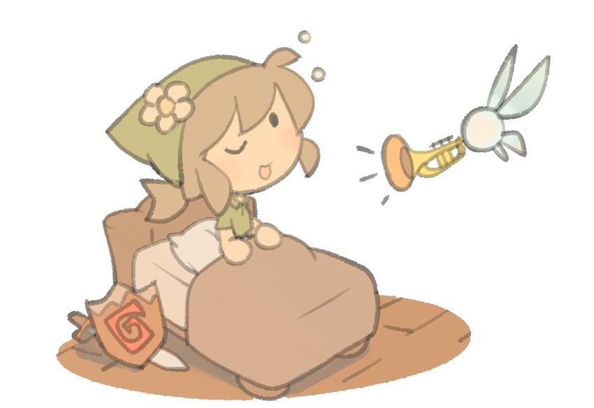 bed brown_hair chibi cloak commentary cosplay deku_shield english_commentary fairy female flower green_cloak green_headwear hat hat_flower instrument link link_(cosplay) medium_hair navi one_eye_closed open_mouth original pillow shield smile sword temmie_chang temmie_chang_(character) the_legend_of_zelda the_legend_of_zelda:_ocarina_of_time trumpet under_covers weapon white_flower wooden_shield