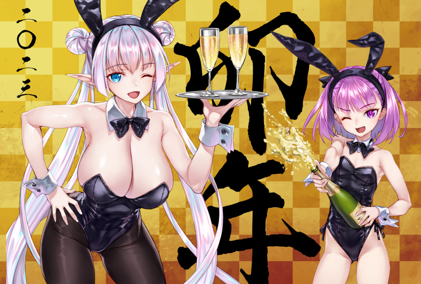 2girls ;d alcohol animal_ears ass_visible_through_thighs bare_shoulders black_leotard blue_eyes blush breasts britomart_(fate) brown_pantyhose champagne champagne_bottle checkered_background cleavage commentary_request cup detached_collar double_bun drinking_glass fake_animal_ears fate/grand_order fate_(series) grey_hair hair_bun hairband helena_blavatsky_(fate) highleg highleg_leotard highres huge_breasts leaning_forward leotard long_hair looking_at_viewer matsuryuu multiple_girls one_eye_closed open_mouth pantyhose playboy_bunny pointy_ears purple_eyes purple_hair rabbit_ears short_hair small_breasts smile standing strapless strapless_leotard thighs translated tray twintails very_long_hair wrist_cuffs yellow_background