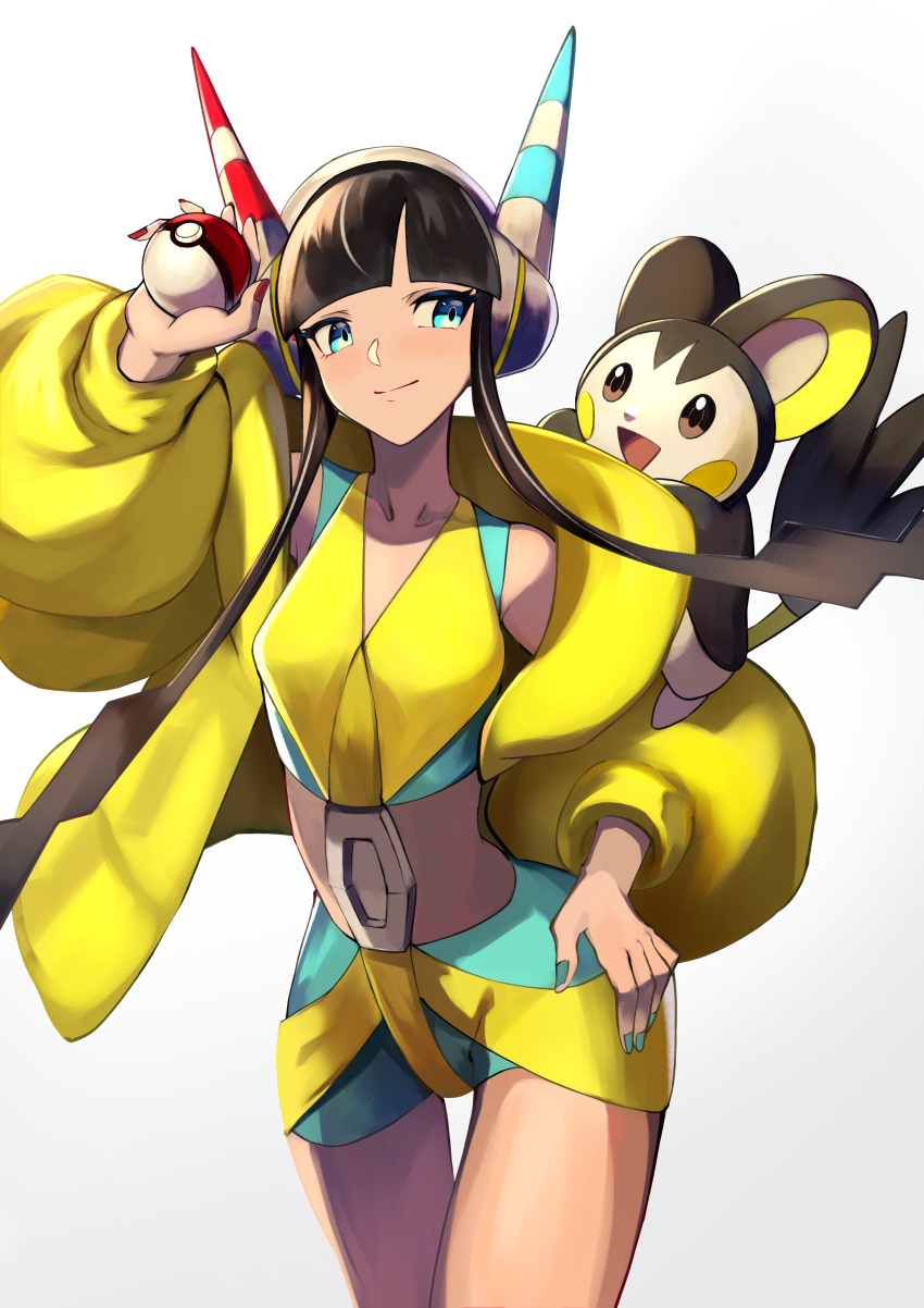 absurdres bike_shorts blue_eyes blunt_bangs brown_hair closed_mouth commentary_request elesa_(pokemon) emolga eyelashes female hand_on_own_hip headphones highres holding holding_poke_ball jacket long_sleeves open_clothes open_jacket poke_ball poke_ball_(basic) pokemon pokemon_(creature) pokemon_bw2 short_hair_with_long_locks sidelocks simple_background smile split_mouth teo_(telo_ruka) white_background yellow_jacket