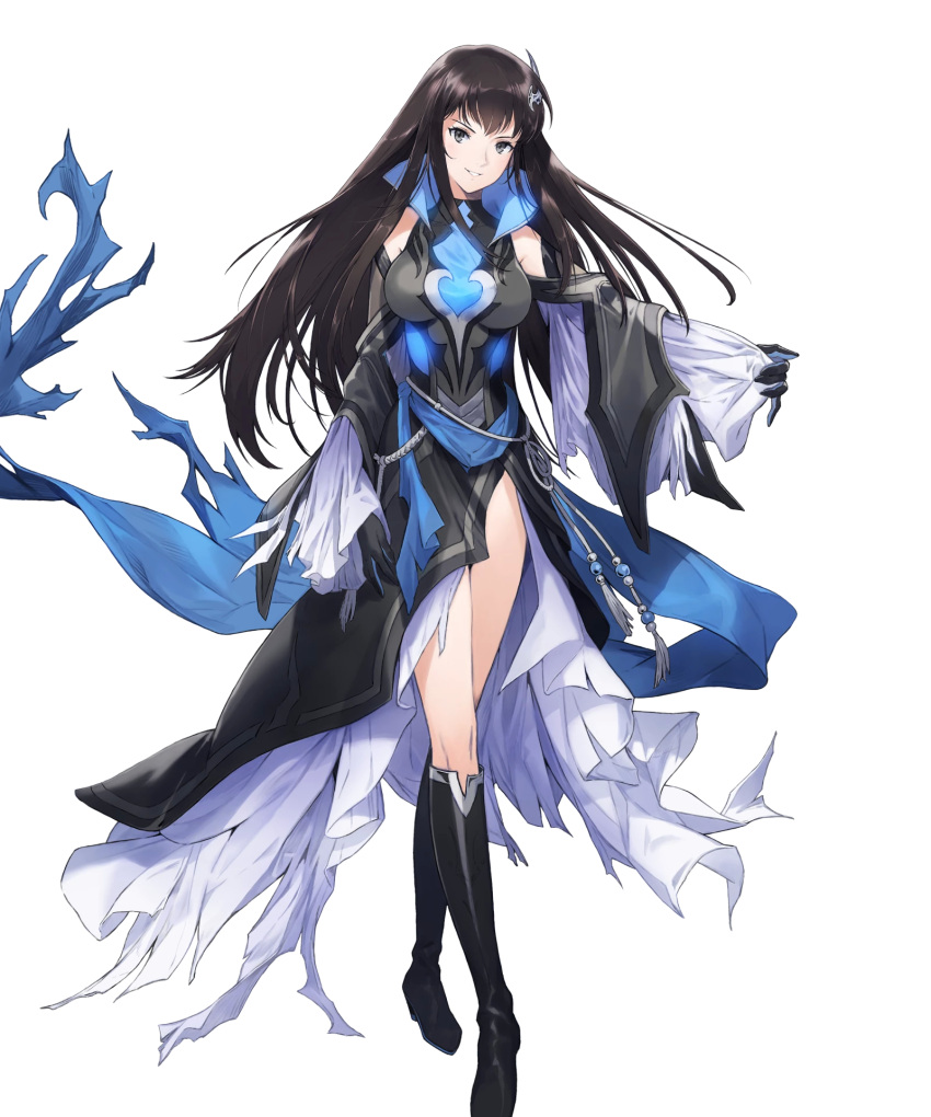 alternate_costume black_dress boots breasts dress female fire_emblem fire_emblem:_the_blazing_blade fire_emblem_heroes full_body gloves gradient_clothes grey_eyes hair_ornament highres hirooka_masaki karla_(fire_emblem) knee_boots long_hair long_sleeves looking_at_viewer medium_breasts neon_trim non-web_source official_art parted_lips side_slit smile solo standing thighs transparent_background turtleneck wide_sleeves