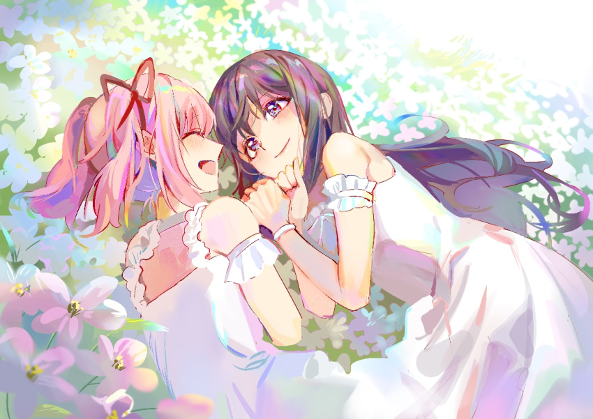 2girls :d ^_^ akemi_homura armband armpit_crease bare_arms bare_shoulders black_hair blush clenched_hands closed_eyes closed_mouth commentary dress facing_viewer field flat_chest flower flower_field frilled_armband frills furrowed_brow grass hair_ribbon hand_rest happy kaname_madoka korean_commentary laughing lips long_hair looking_at_another luminous_(madoka_magica) mahou_shoujo_madoka_magica mahou_shoujo_madoka_magica_(anime) mahou_shoujo_madoka_magica_movie_1_&_2 multicolored_hair multiple_girls nature open_mouth outdoors pink_hair profile purple_eyes red_ribbon ribbon seveneightdu short_twintails sleeveless sleeveless_dress smile tareme twintails white_dress white_flower yuri