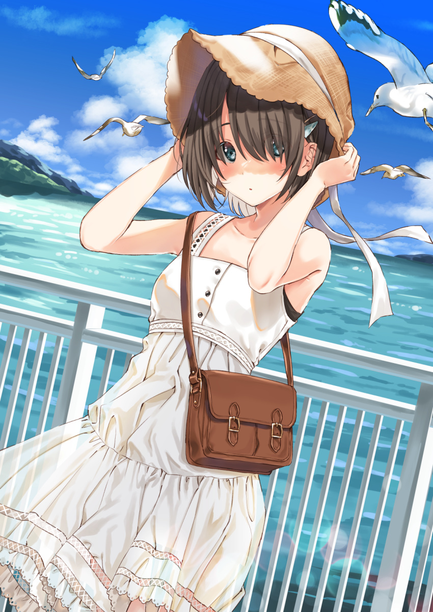 :o adjusting_clothes adjusting_headwear bag bird blue_eyes brown_hair cloud cowboy_shot dress eyes_visible_through_hair female hair_between_eyes hair_ornament hairclip hat highres kukiha mountain original outdoors railing ribbon seagull short_hair sky solo sun_hat sundress water white_dress white_ribbon