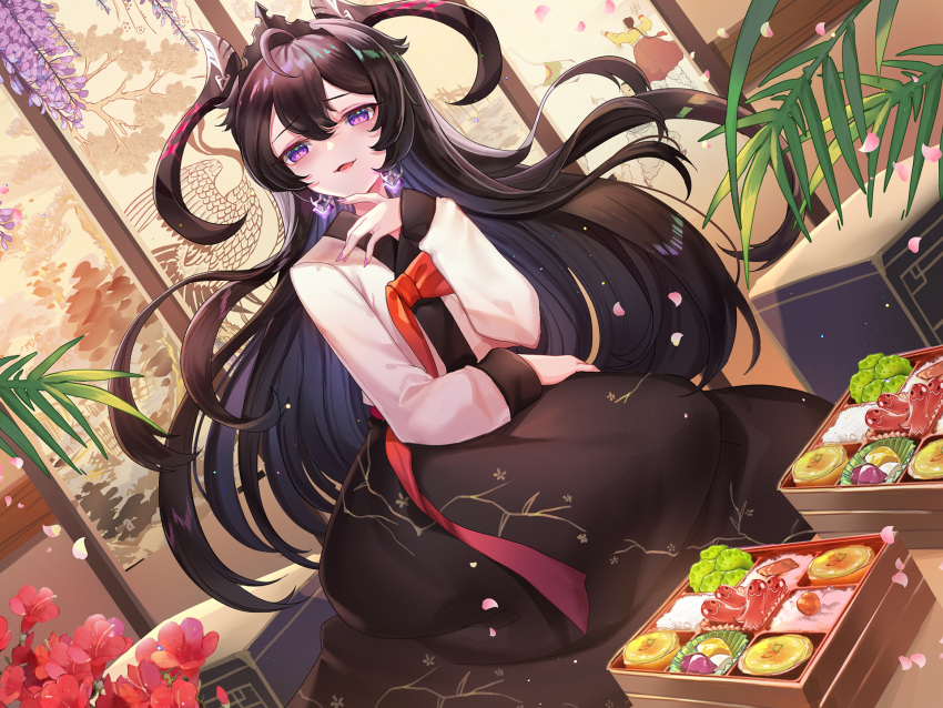 ahoge bento black_hair earrings epic_seven female flower folding_screen food food_art hair_ornament hanbok hanh_chu highres jewelry korean_clothes long_hair new_year open_mouth pantyhose petals purple_eyes purple_nails red_flower solo specter_tenebria_(dark_tyrant)_(epic_seven) specter_tenebria_(epic_seven) tako-san_wiener tenebria_(epic_seven) variant_set wisteria