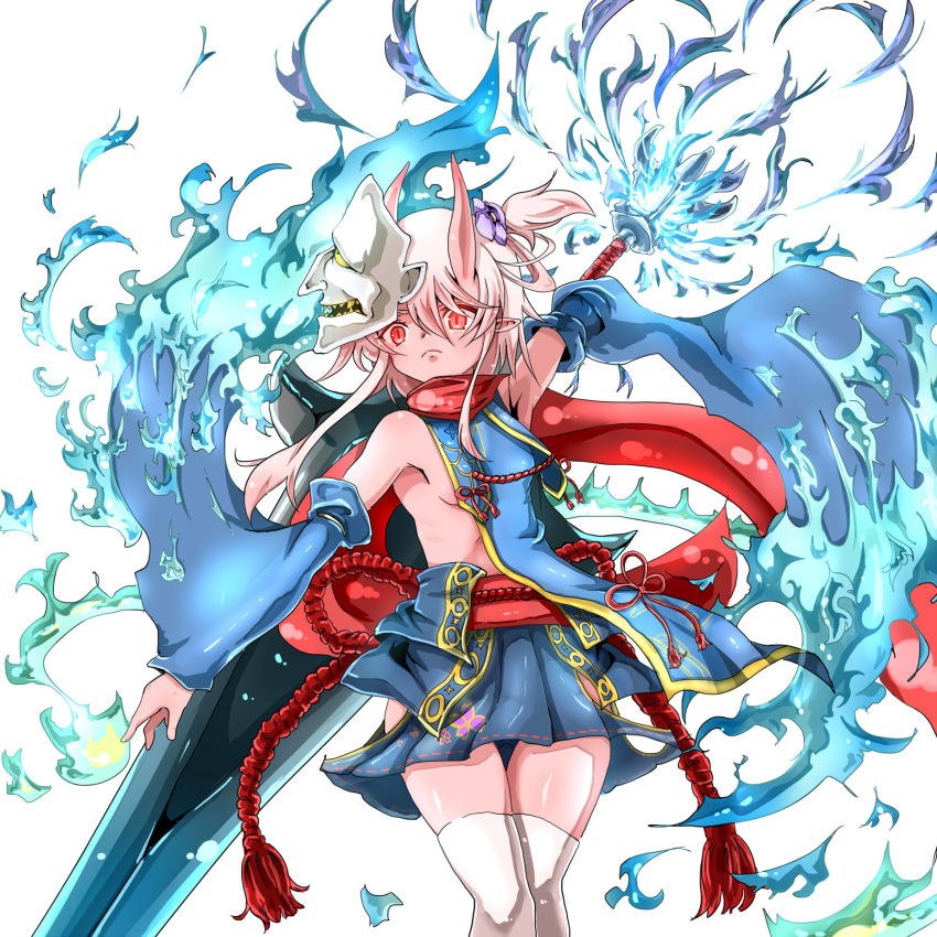 artistic_error blue_skirt breasts cape chaba_(cyazuke) colored_skin commentary_request detached_sleeves female flower frown hair_between_eyes hair_flower hair_ornament highres horns long_hair looking_at_viewer mask mask_on_head oni_horns onibahime_(sennen_sensou_aigis) pink_skin pointy_ears red_cape red_eyes rope sennen_sensou_aigis sidelocks skirt small_breasts solo standing thighhighs white_background white_thighhighs wide_sleeves