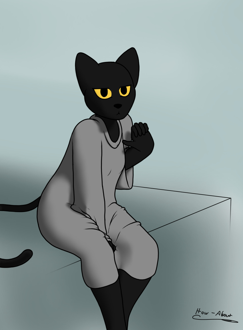 5_fingers anthro bare_legs black_body black_fur bottomless clothed clothing domestic_cat felid feline felis female fingers fur glare google google_doodle grey_clothing grey_shirt grey_topwear hand_between_legs hi_res how-about leaning leaning_forward looking_at_viewer magic_cat_academy mammal momo_(google) oversized_clothing shirt simple_background sitting solo topwear yellow_eyes yellow_sclera