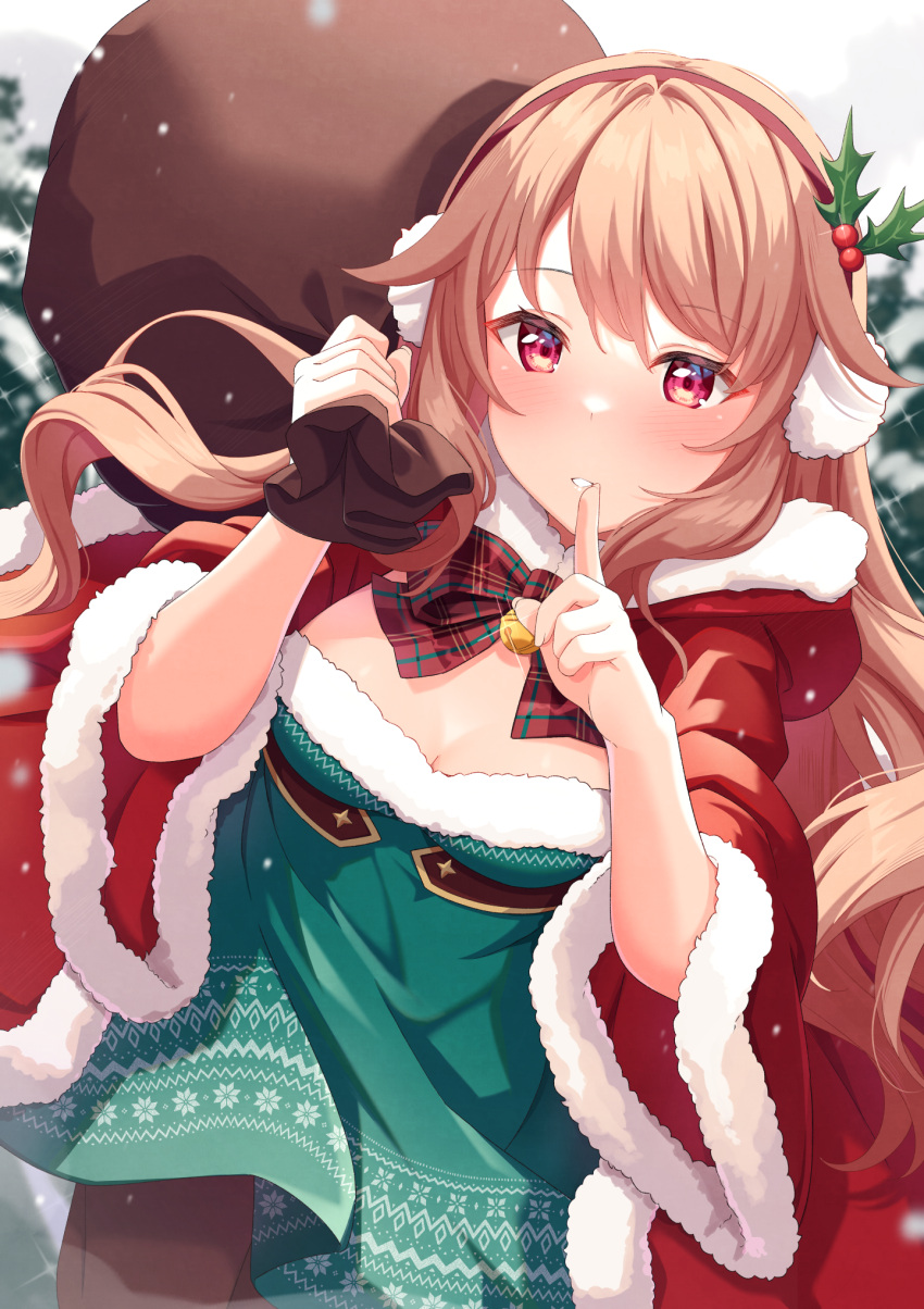 bell blonde_hair blush breasts christmas cleavage female finger_to_mouth hair_ornament highres indie_virtual_youtuber long_hair looking_at_viewer open_mouth red_eyes ribbon santa_costume small_breasts solo tiri tiri_(vtuber) virtual_youtuber