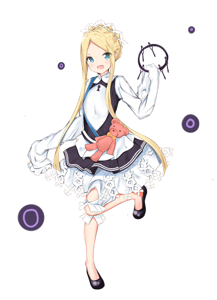 :d abigail_williams_(fate) abigail_williams_(festival_outfit)_(fate) absurdres black_dress black_footwear blonde_hair bloomers blue_eyes blush butterfly_hair_ornament commentary dress fate/grand_order fate_(series) female forehead full_body hair_ornament highres key keyring long_hair long_sleeves official_alternate_costume open_mouth parted_bangs shirt shoes sidelocks sleeveless sleeveless_dress sleeves_past_fingers sleeves_past_wrists smile solo standing standing_on_one_leg stuffed_animal stuffed_toy teddy_bear very_long_hair white_background white_bloomers white_shirt yukaa