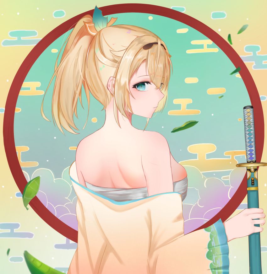 alternate_breast_size back bare_shoulders blonde_hair blue_eyes blush breasts cleavage female from_behind highres hololive kazama_iroha kazama_iroha_(1st_costume) large_breasts long_hair looking_at_viewer looking_back ponytail sarashi serious simple_background solo sty virtual_youtuber