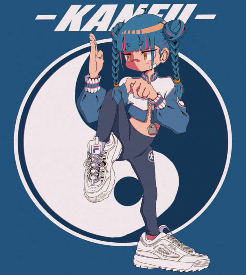 bandaid bandaid_on_cheek bandaid_on_face bandaid_on_nose blue_background blue_hair blunt_bangs braid closed_mouth double_bun fila full_body grey_leggings hair_bun hand_up highres jacket kung_fu leg_up leggings long_hair long_sleeves midriff nao97122 navel open_clothes open_jacket original shoes sneakers standing standing_on_one_leg streetwear twin_braids white_footwear yellow_eyes yin_yang zipper zipper_pull_tab