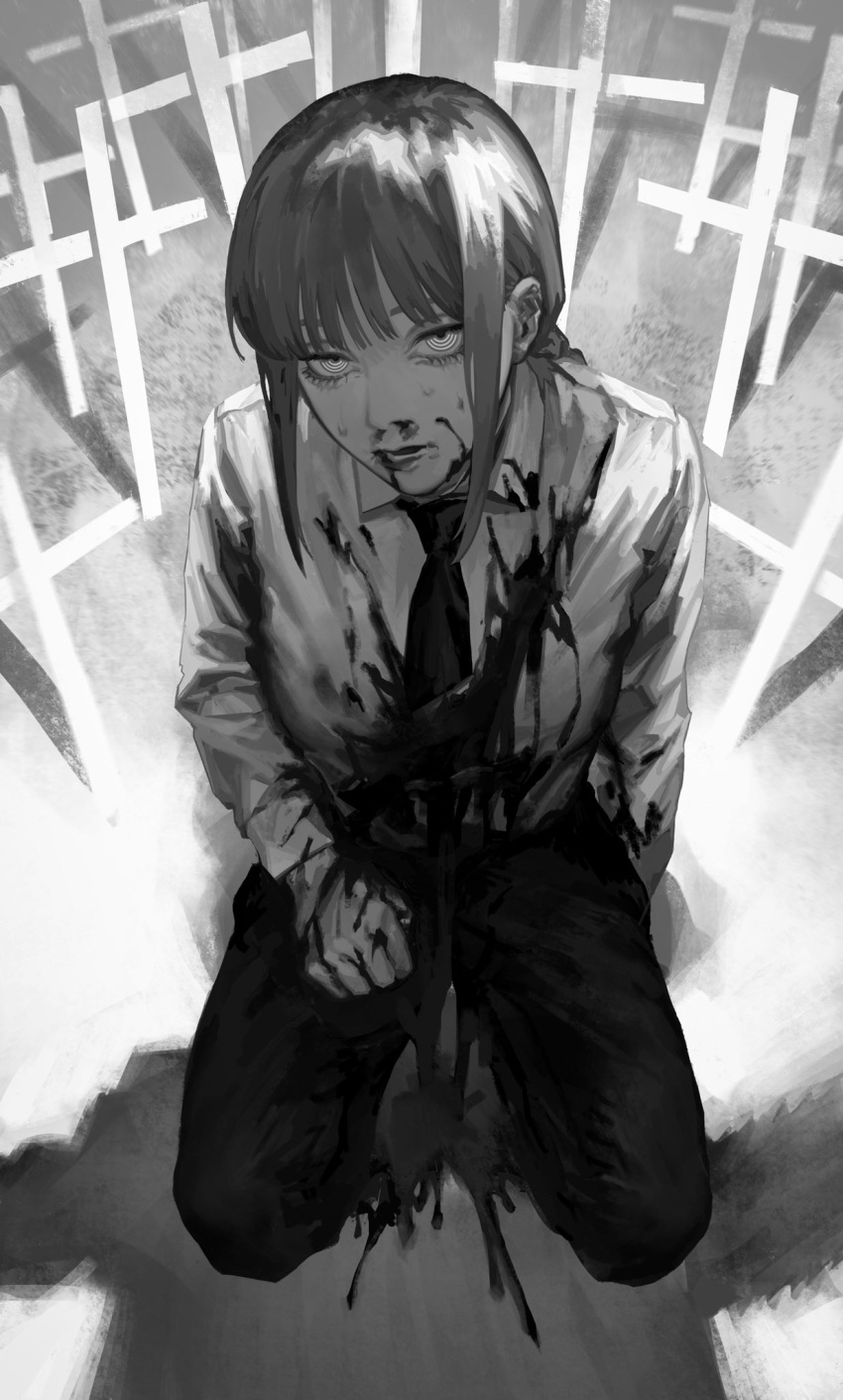 bleeding blood blood_on_clothes blood_on_face blunt_bangs chainsaw chainsaw_man clenched_hand collared_shirt commentary cross denji_(chainsaw_man) dress_shirt expressionless female from_above full_body greyscale half-closed_eyes hand_on_own_thigh highres injury latin_cross long_sleeves looking_at_viewer makima_(chainsaw_man) monochrome necktie nosebleed out_of_frame pants parted_lips ringed_eyes seiza seki_(fyfyfy) shadow shirt shirt_tucked_in sitting solo_focus spoilers sweatdrop