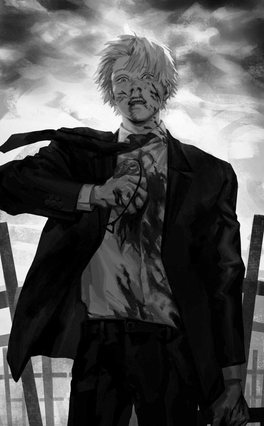 1boy blazer blood blood_on_clothes blood_on_face cable chainsaw_man collared_shirt commentary cowboy_shot creature cross denji_(chainsaw_man) dress_shirt formal greyscale hand_up highres holding holding_person injury jacket latin_cross long_sleeves looking_at_viewer looking_down male_focus monochrome necktie nosebleed open_mouth pants pochita_(chainsaw_man) pull_cord seki_(fyfyfy) sharp_teeth shirt shirt_tucked_in short_hair solo spoilers standing suit teeth