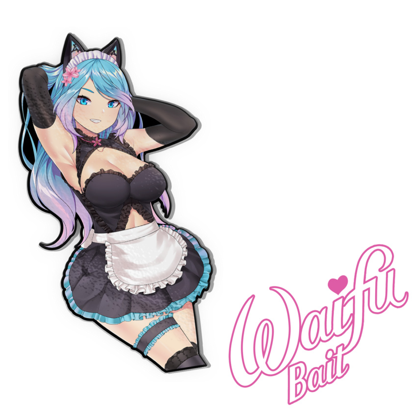 animal_ears apron armpits arms_up blue_eyes blue_hair cat_ears fake_animal_ears female highres kaiend looking_at_viewer maid maid_headdress multicolored_hair pink_hair promotional_art silvervale solo transparent_background virtual_youtuber vshojo