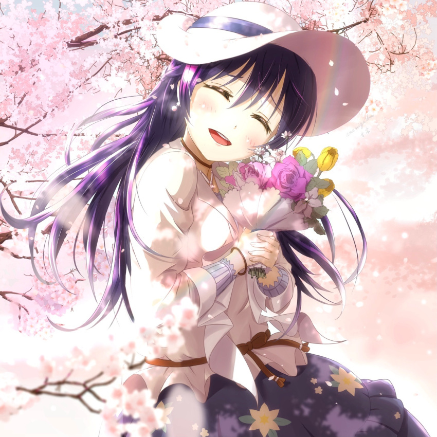 amamiya_(re-amamiya) blue_hair blush bouquet cherry_blossoms closed_eyes commentary_request female flower hair_between_eyes hat highres holding holding_bouquet long_hair long_sleeves love_live! love_live!_school_idol_festival love_live!_school_idol_project petals purple_flower purple_rose rose smile solo sonoda_umi sun_hat swept_bangs tree tulip white_flower yellow_flower yellow_tulip