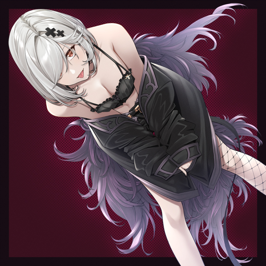 :p absurdres alter_ego_malevolent_(granblue_fantasy) bare_shoulders breasts choker cleavage commentary crop_top djeeta_(granblue_fantasy) dutch_angle female fishnet_legwear fishnets fur-trimmed_jacket fur_trim granblue_fantasy grey_hair hair_over_one_eye highres jacket looking_at_viewer midriff navel red_eyes single_leg_pantyhose solo soruna_(nell) tank_top tongue tongue_out