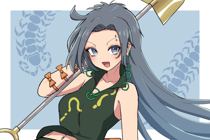 :d bare_shoulders blue_background blue_eyes bow breasts bug centipede collarbone commentary_request ear_piercing earrings eyebrow_piercing female gold green_shirt grey_hair hand_up highres himemushi_momoyo holding holding_shovel jewelry large_breasts long_hair looking_at_viewer navel_piercing open_mouth orange_bow piercing ring shirt shovel simple_background smile solo touhou very_long_hair zakku_(kya--193)