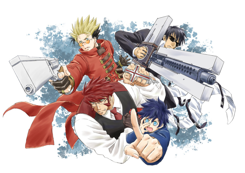 4boys black_gloves black_hair blonde_hair blue_eyes blue_hair brown_gloves clenched_hand coat creator_connection cross earrings glasses gloves gun hand_up handgun index_finger_raised jewelry kekkai_sensen klaus_von_reinhertz leonardo_watch long_coat long_sleeves macchi_(nijiiruka) male_focus manly multicolored_hair multiple_boys mutton_chops necktie nicholas_d._wolfwood partially_fingerless_gloves red_coat red_hair revolver sideburns simple_background single_glove sunglasses trigun tusks two-tone_hair vash_the_stampede weapon