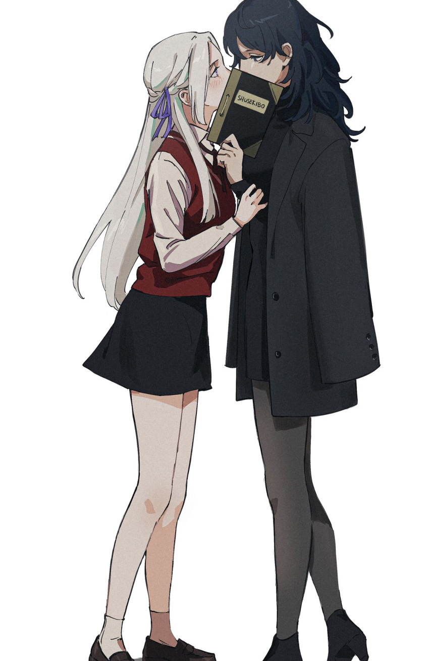 2girls blush byleth_(female)_(fire_emblem) byleth_(fire_emblem) commentary_request covering_own_mouth edelgard_von_hresvelg eye_contact fire_emblem fire_emblem:_three_houses grey_hair hair_ribbon high_heels highres implied_kiss jacket jacket_on_shoulders long_hair looking_at_another multiple_girls necktie pantyhose purple_ribbon ribbon roru_(lol_dessin) school_uniform teacher_and_student vest yuri