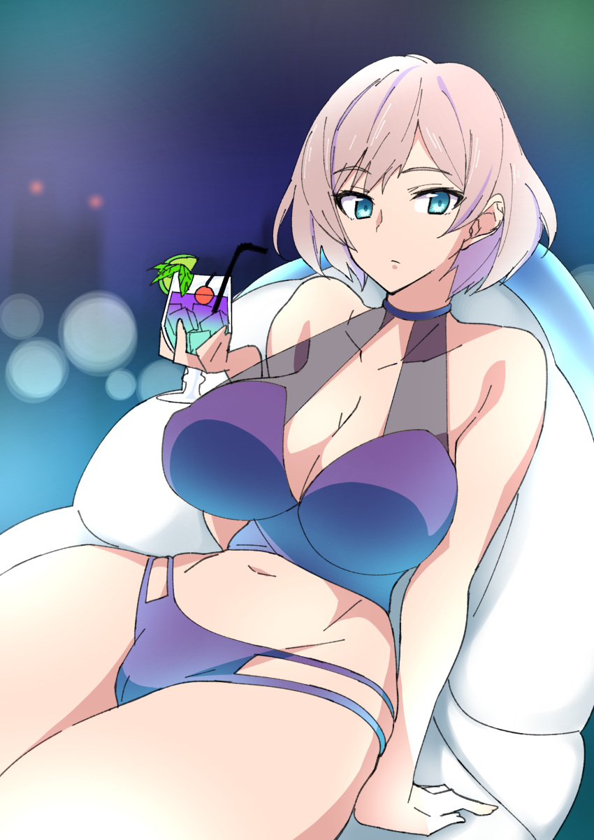 absurdres alcohol arm_support bare_shoulders beach_chair bikini blue_eyes breasts cleavage commentary_request cup drinking_straw female gridman_universe highres holding holding_cup large_breasts md5_mismatch miyane_aki_(radical_dash) mujina navel purple_bikini see-through short_hair sitting solo ssss.dynazenon swimsuit thighs