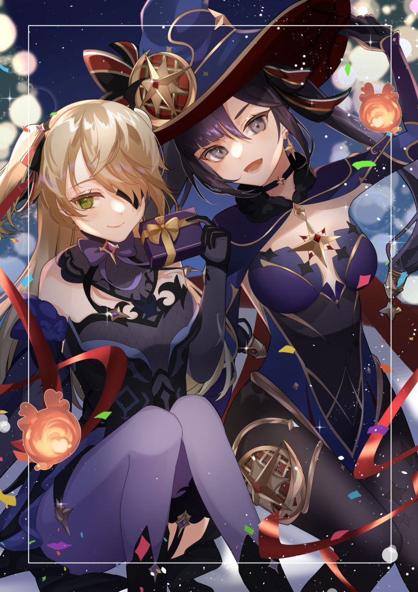 2girls asymmetrical_bangs blonde_hair bow bowtie box choker christmas dress earrings eyepatch fischl_(genshin_impact) fishnets genshin_impact gift gift_box gloves green_eyes grey_hair hat hat_ornament highres jewelry leotard mona_(genshin_impact) multiple_girls natsuki_yoru open_mouth pantyhose purple_hair smile star_(symbol) star_hat_ornament twintails two_side_up witch_hat