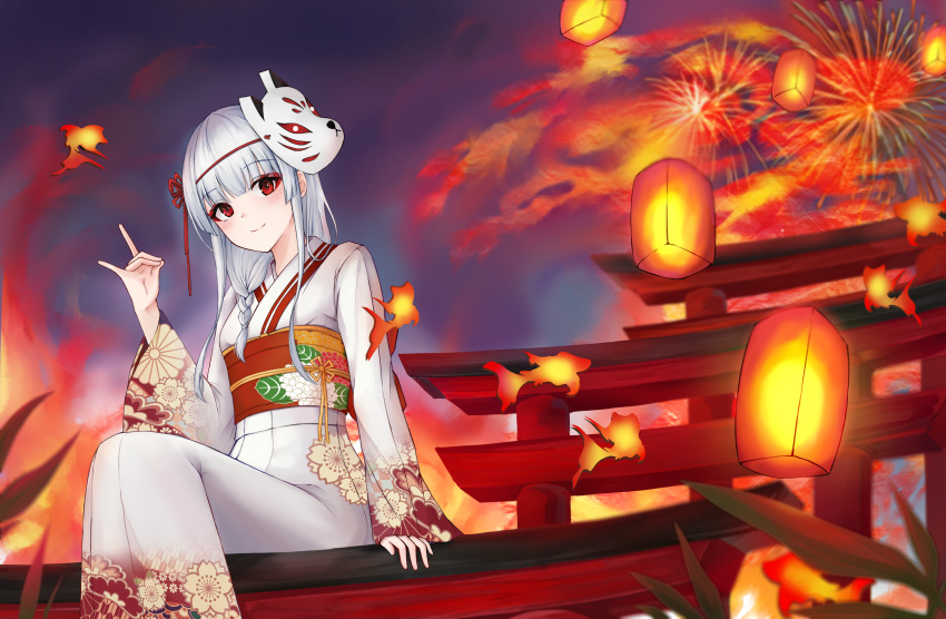 absurdres aerial_fireworks feet_out_of_frame female fireworks fish goldfish highres japanese_clothes kimono lantern long_hair mask mask_on_head multiple_torii non09_24 obi original outdoors paper_lantern red_eyes sash sidelocks sitting sitting_on_torii torii white_hair yukata