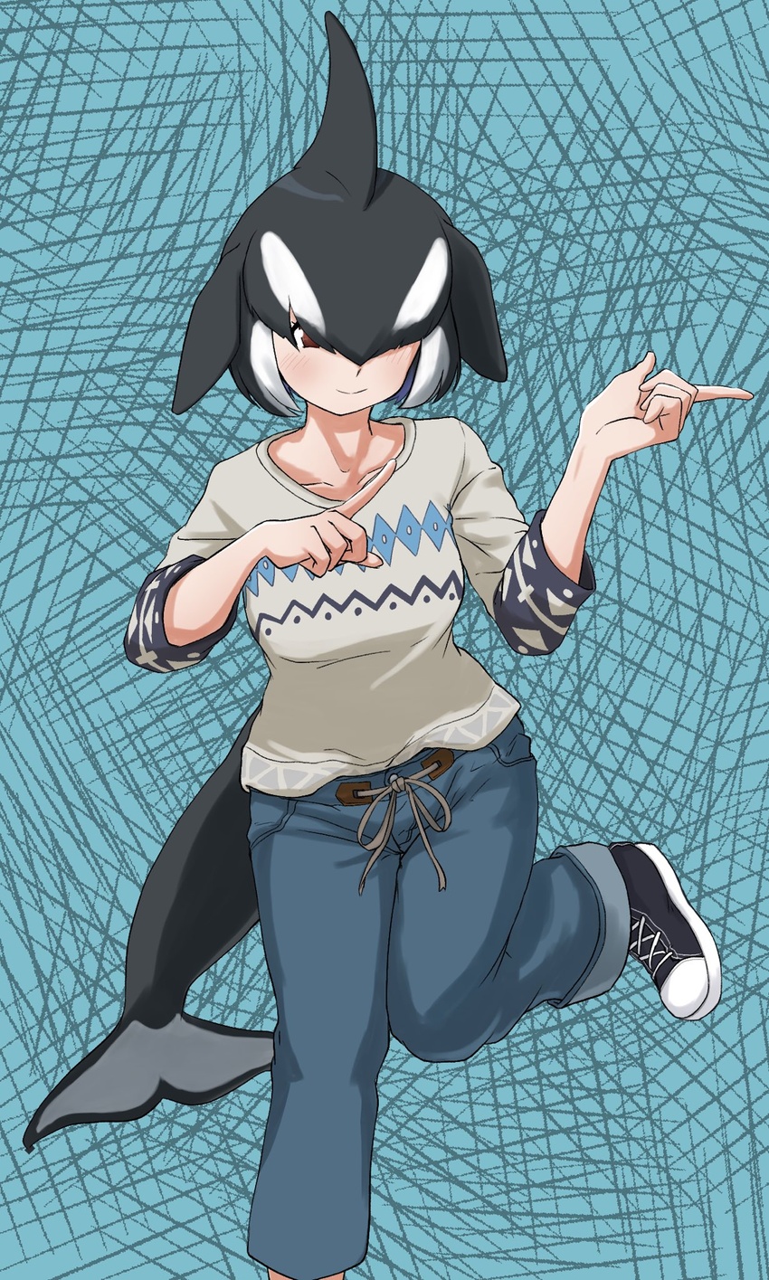 alternate_costume black_hair brown_eyes casual cetacean_tail closed_mouth collarbone contemporary dorsal_fin female fins fish_tail foot_up hair_over_one_eye hands_up head_fins highres kemono_friends kyonin_dofu medium_hair multicolored_hair orca_(kemono_friends) pants pointing shoes smile solo standing standing_on_one_leg sweater tail two-tone_hair white_hair