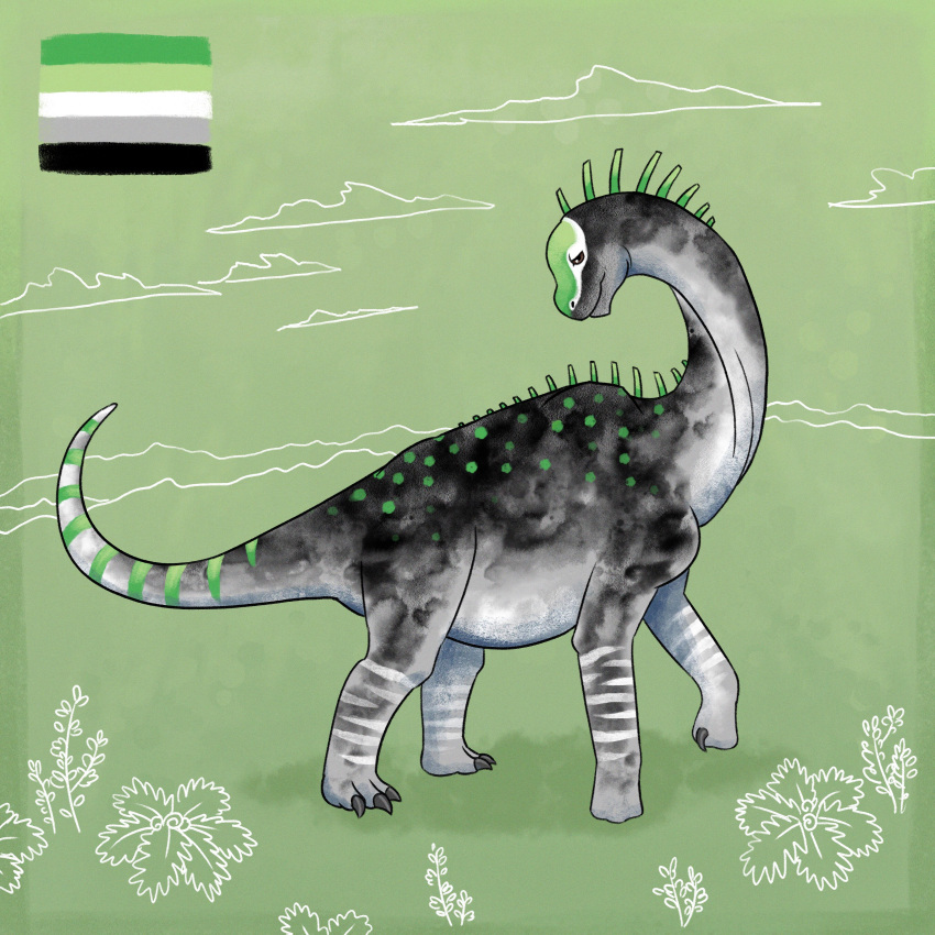 1:1 absurd_res ambiguous_gender aragosaurus aromantic_pride_colors black_body dinosaur extinct feral green_markings green_spines green_spots green_stripes grey_body half-closed_eyes hi_res kutv lgbt_pride macronarian markings narrowed_eyes prehistoric_species pride_color_palette pride_colors reptile restricted_palette sauropod sauropodomorph scalie solo spines spots spotted_back spotted_body striped_body striped_markings striped_tail stripes tail tail_markings white_body white_markings white_stripes