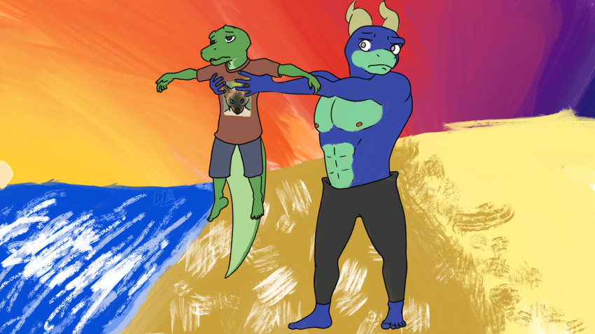 16:9 abs alligatorid anthro barefoot beach blink-182 bottomwear clothing crocodilian dump_lings_png duo feet hi_res horn lifting lucas_rodgers_(dump_lings_png) male muscular muscular_male pants pecs reptile sand scalie seaside shirt shorts signature size_difference smaller_male sun sunset toes topwear unknown_species water widescreen