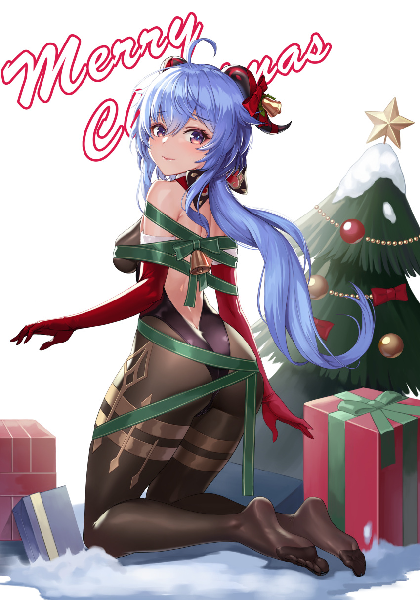 absurdres ahoge ass back backless_outfit bell black_legwear blue_hair blush bodystocking bound bow box breasts christmas christmas_ornaments christmas_tree commentary curled_horns elbow_gloves feet female from_behind full_body ganyu_(genshin_impact) genshin_impact gift gift_box gloves gold_trim green_ribbons hair_ornament highres horn_bell horn_bow horn_ornament horns karmiel kneeling leotard long_hair looking_at_viewer looking_back low_ponytail medium_breasts merry_christmas multicolored_eyes no_shoes purple_eyes red_bow red_gloves ribbon ribbon_bondage sidelocks smile soles solo thighlet very_long_hair