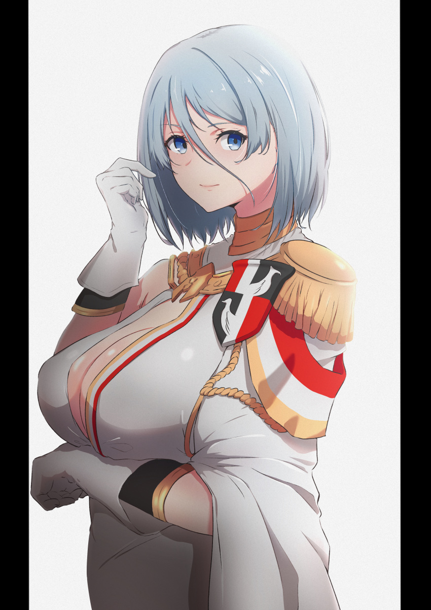 absurdres ameneshi arm_under_breasts azur_lane bad_id bad_pixiv_id blue_eyes breasts cape cleavage closed_mouth commentary_request epaulettes female from_side gloves grey_hair hair_between_eyes highres large_breasts looking_at_viewer military military_uniform official_alternate_costume short_hair side_cape smile solo tirpitz_(azur_lane) tirpitz_(iron_blood_snowstorm)_(azur_lane) uniform white_cape white_gloves