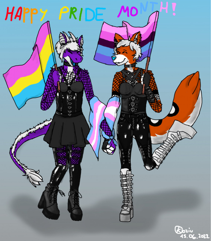 2022 alternative_fashion anthro black_body black_fur black_knee_highs blue_nose blue_tongue boots breasts canid canine canis clothing collar corset demonias dragon duo female female/female fishnet_clothing fishnet_topwear flag footwear fur furred_dragon furred_scalie gloves goth goth_boots hair handwear hi_res high_heeled_boots high_heels horn knee_boots knee_highs koziu koziu_(artist) latex_knee_highs leather leather_clothing leather_corset leather_lingerie leather_topwear legwear lgbt_pride lingerie mammal medium_breasts multicolored_text mythological_creature mythological_scalie mythology omnisexual_pride_colors orange_body orange_fur pansexual_pride_colors pride_color_flag pride_color_text pride_colors purple_body purple_fur rainbow_pride_colors red_wolf scalie sehvimnek six-stripe_rainbow_pride_colors tail text tongue topwear transgender_pride_colors white_body white_fur white_hair wolf