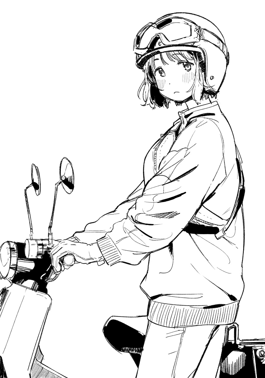 absurdres blunt_bangs blush commentary fanny_pack female fuyuno_kamome gloves goggles goggles_on_headwear greyscale highres honda_super_cub jacket koguma_(super_cub) long_sleeves looking_at_viewer monochrome motor_vehicle motorcycle pants short_hair super_cub sweatsuit track_jacket track_pants track_suit