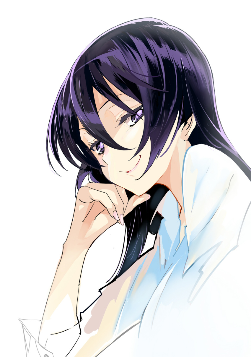 close-up collared_shirt copyright_request female fingernails hair_between_eyes highres long_hair looking_at_viewer looking_down magomago nail_polish purple_eyes purple_hair shirt smile solo upper_body white_background white_shirt