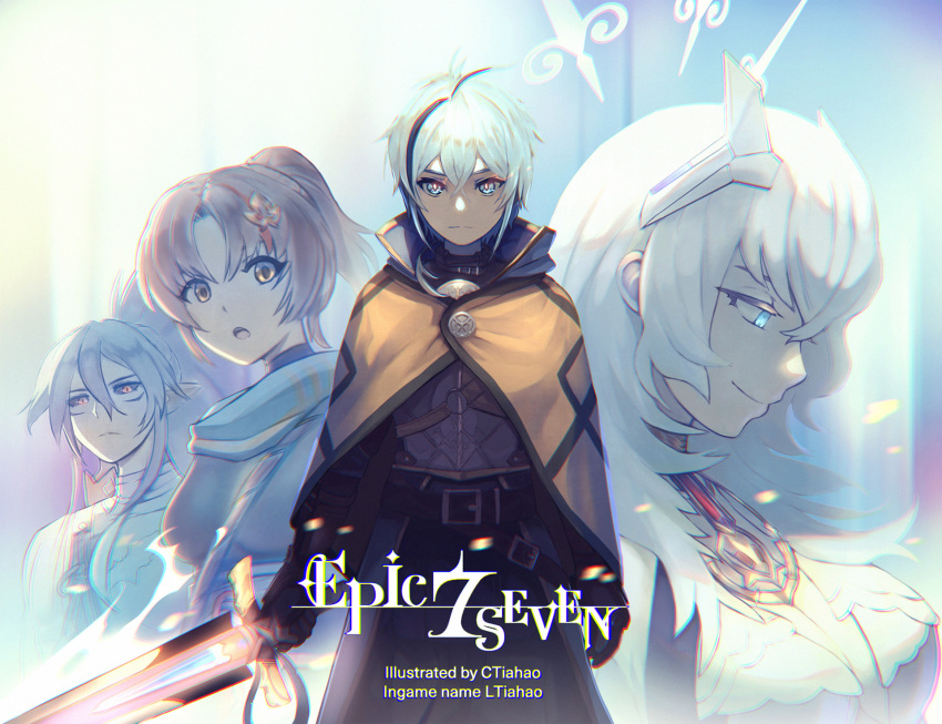 2boys 2girls adin_(epic_seven) adventurer_ras ahoge bandaged_neck bandages belian_(epic_seven) belt belt_buckle black_sclera blue_eyes blue_hair brown_hair buckle capelet chromatic_aberration closed_mouth colored_sclera copyright_name ctiahao epic_seven facial_mark glowing glowing_sword glowing_weapon grey_hair hair_ornament highres holding holding_sword holding_weapon multicolored_hair multiple_boys multiple_girls open_mouth orange_eyes ponytail ran_(epic_seven) rass_elclare red_eyes scar scar_on_chest smile streaked_hair sword weapon white_hair