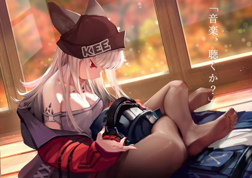 1other am1m ambiguous_gender animal_ears arknights bare_shoulders between_thighs breasts brown_legwear cleavage clothes_writing collarbone commentary_request crossed_ankles doctor_(arknights) ears_through_headwear feet female frostleaf_(arknights) grey_shirt hat headphones highres jacket leg_lock long_hair looking_down medium_breasts no_bra no_shoes off-shoulder_shirt off_shoulder open_clothes open_jacket pantyhose red_eyes red_nails shirt sitting sleeves_past_wrists soles window